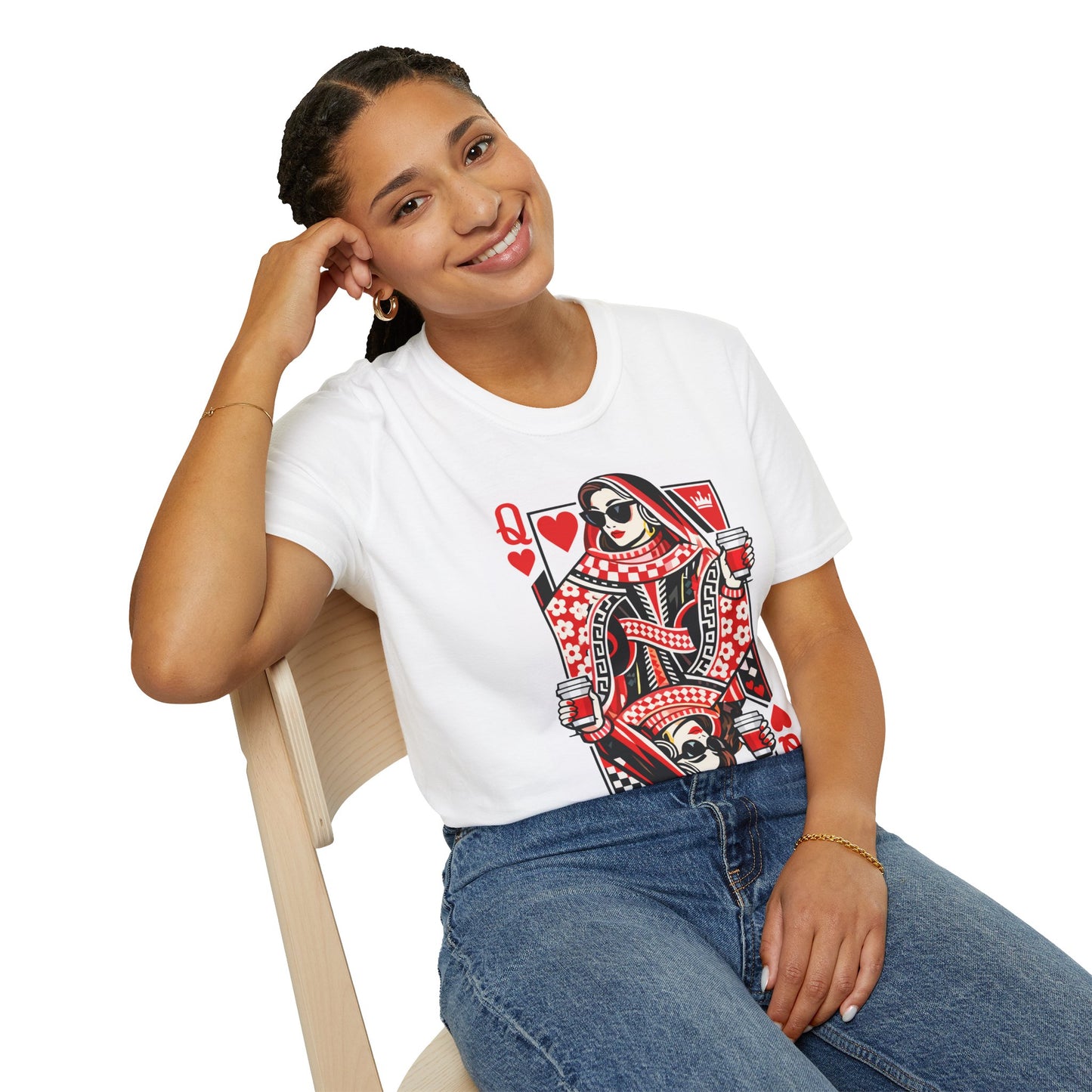 Queen of Hearts Playing Card T-Shirt — Retro Queen with Sunglasses & Coffee