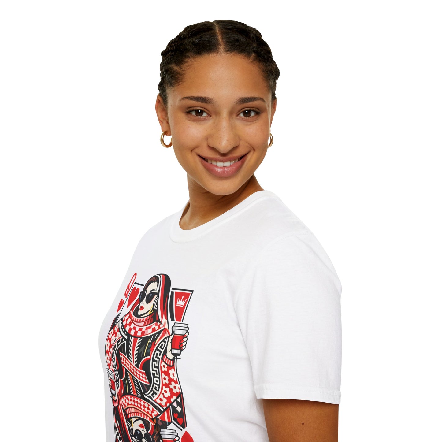 Queen of Hearts Playing Card T-Shirt — Retro Queen with Sunglasses & Coffee