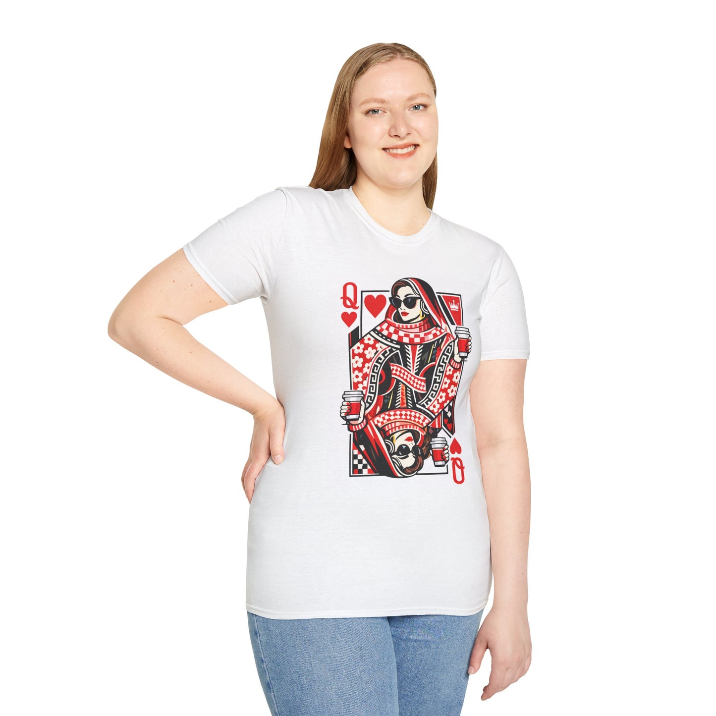 Queen of Hearts Playing Card T-Shirt — Retro Queen with Sunglasses & Coffee