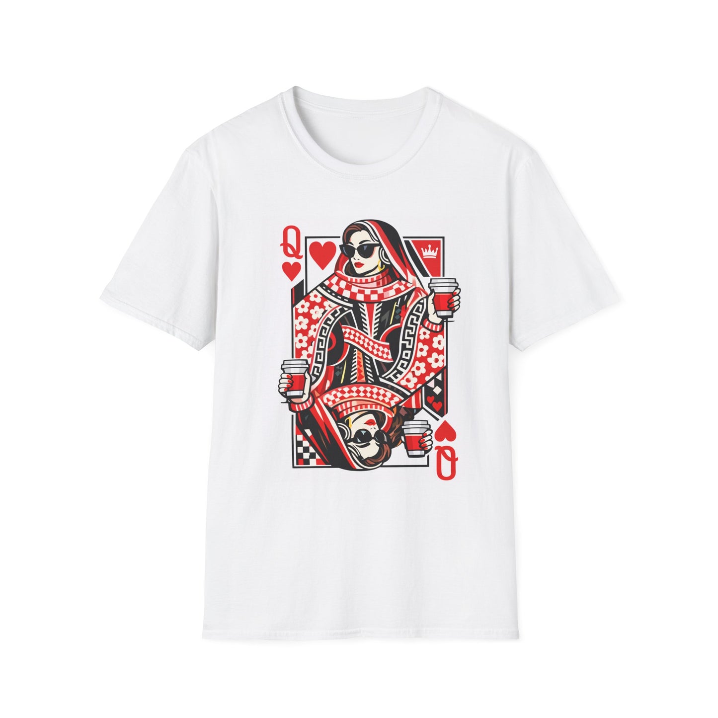 Queen of Hearts Playing Card T-Shirt — Retro Queen with Sunglasses & Coffee