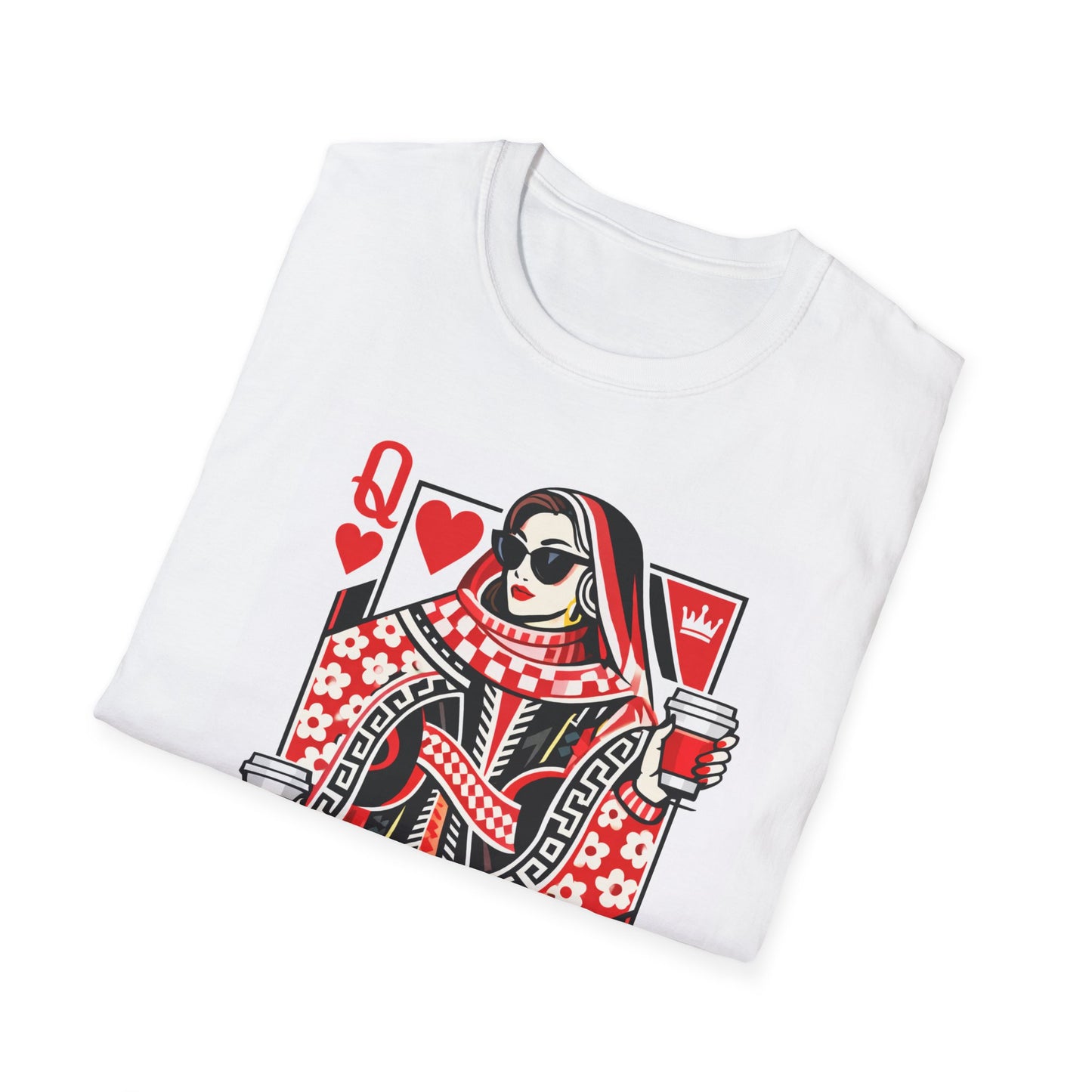 Queen of Hearts Playing Card T-Shirt — Retro Queen with Sunglasses & Coffee