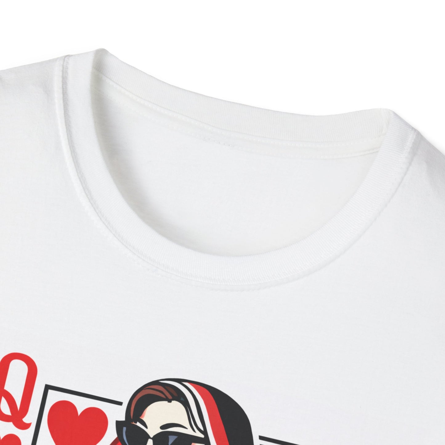 Queen of Hearts Playing Card T-Shirt — Retro Queen with Sunglasses & Coffee